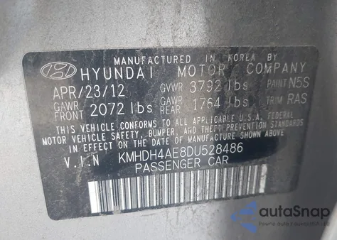 2013 Hyundai Elantra Gls z USA, uszkodzony, nr VIN KMHDH4AE8DU528486